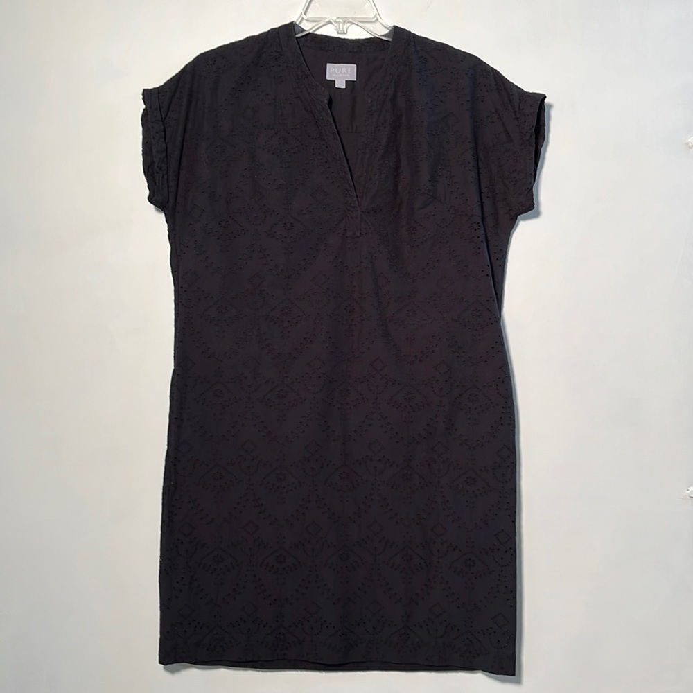 PURE COLLECTION Preppy Summer Eyelet Split-V Cap SLV 100% Cotton Black Dress 12